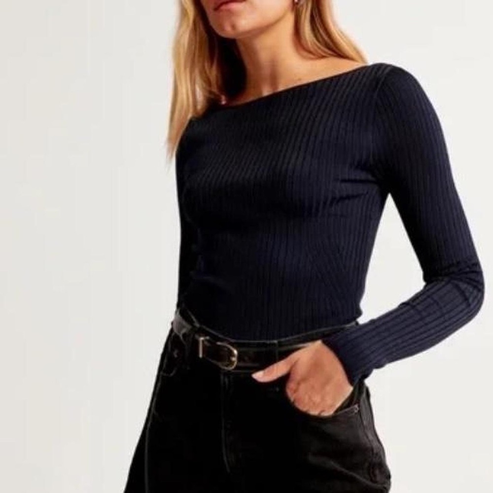 Abercrombie and Fitch Glossy Slash Sweater Top in Navy Blue XS
